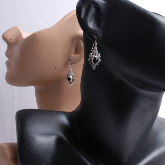 Black Onyx Drop Style Gemstone Earring in Pure Silver