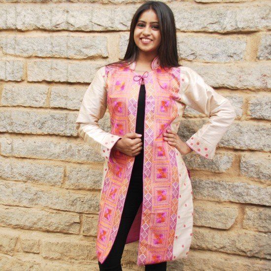 Phulkari embroidered tusser silk jacket - Pink