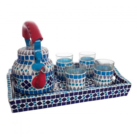 Handpainted Mosiac Tea Set for Four with Tray in Blue