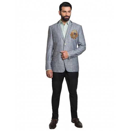 Grey Linen Hand Embroidered Crest Sports Jacket