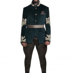 Green Suede Velvet Zardozi Hand Embroidered Bandhgala