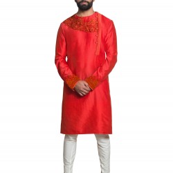 Red Chanderi Silk Hand-Embroidered Collarless Kurta