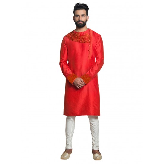 Red Chanderi Silk Hand-Embroidered Collarless Kurta