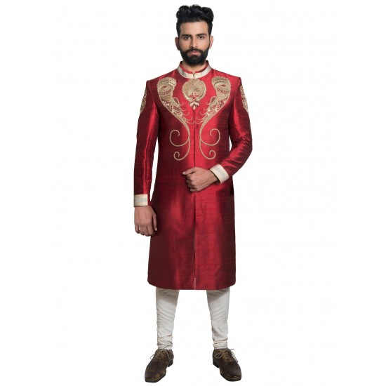 Red Raw Silk Zardozi Hand Embroidered Sherwani