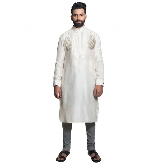 White Chanderi Silk Hand-Embroidered Kurta