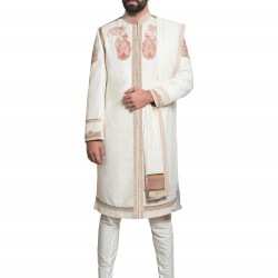 White Matka Linen Zardozi Hand Embroidered Sherwani