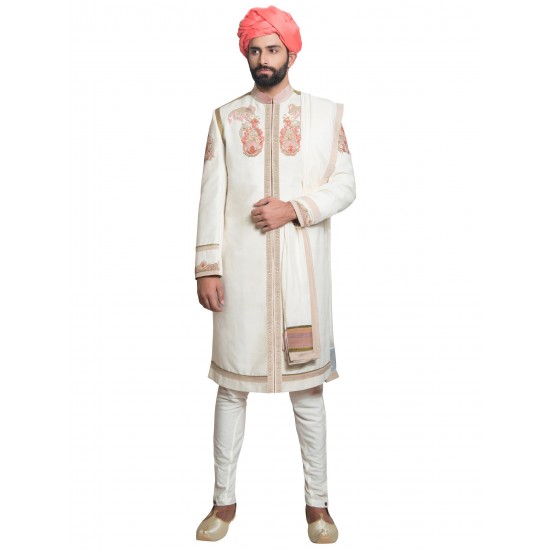 White Matka Linen Zardozi Hand Embroidered Sherwani