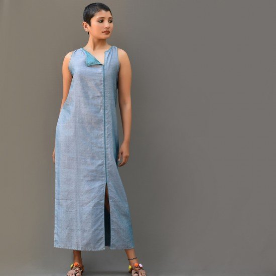 Blue and silver bhagalpuri silk dress