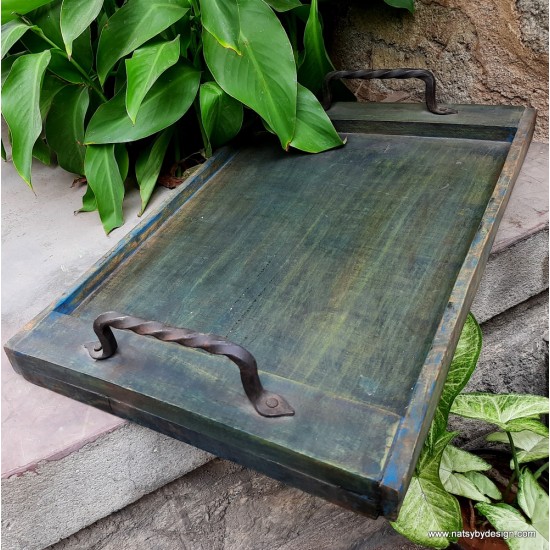 wooden ytray with cast iron handles