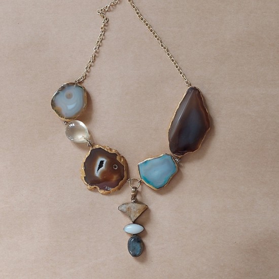 Aqua Agate and Toffee Quartz with Citrine White Agate Labradorite Necklace