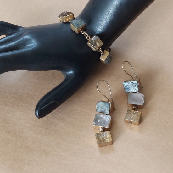 Labradorite Rose Quartz Citrine Earring and Citrine Green Fluorite Bracelet Set