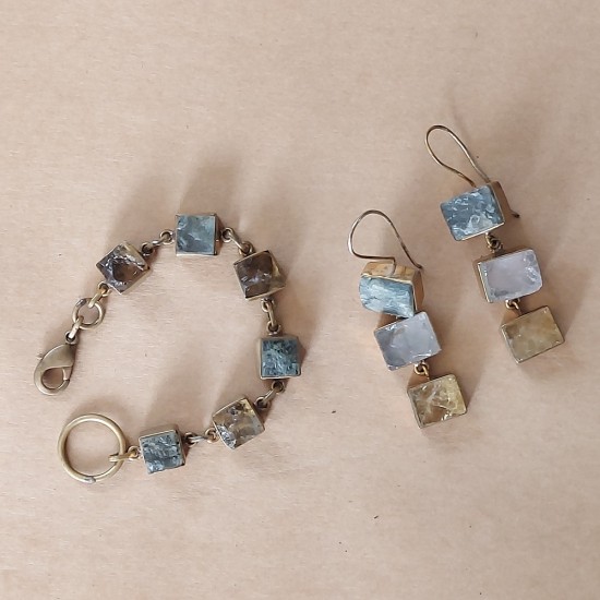 Labradorite Rose Quartz Citrine Earring and Citrine Green Fluorite Bracelet Set