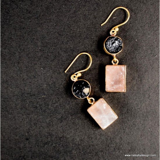 Black Tourmaline Rose quartz earring and finger ring set