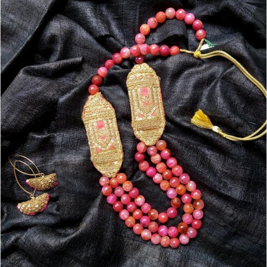 Firdausi - Zardozi and Pink Chalcedony Agate Necklace