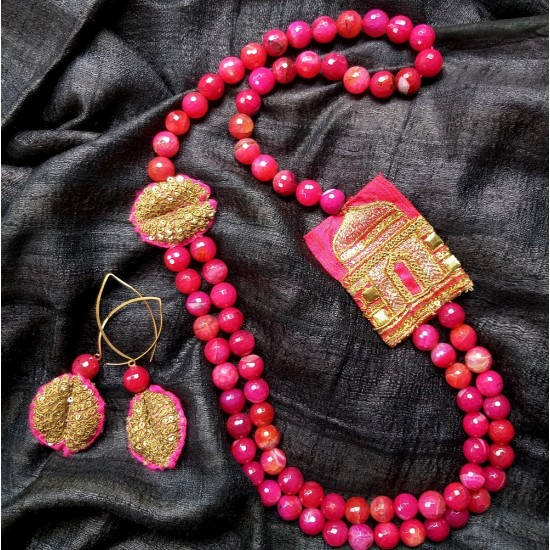 Aasira - Zardozi and Pink Chalcedony Agate Necklace