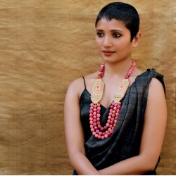 Firdausi - Zardozi and Pink Chalcedony Agate Necklace