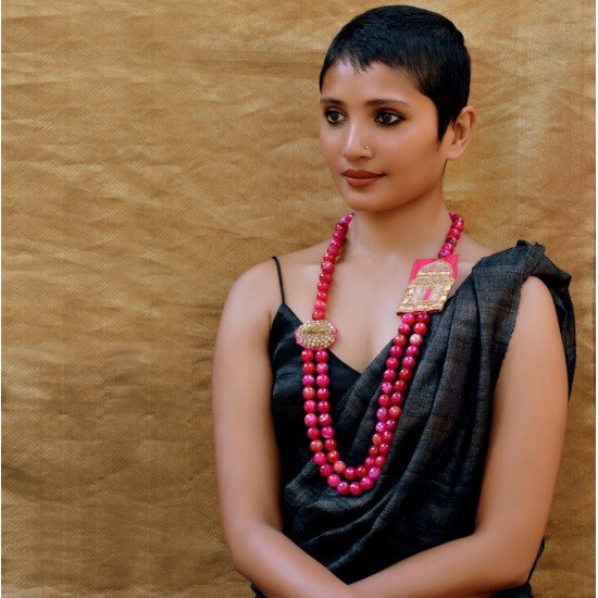 Aasira - Zardozi and Pink Chalcedony Agate Necklace
