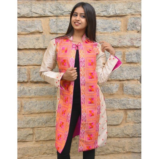 Phulkari embroidered tusser silk jacket - Pink