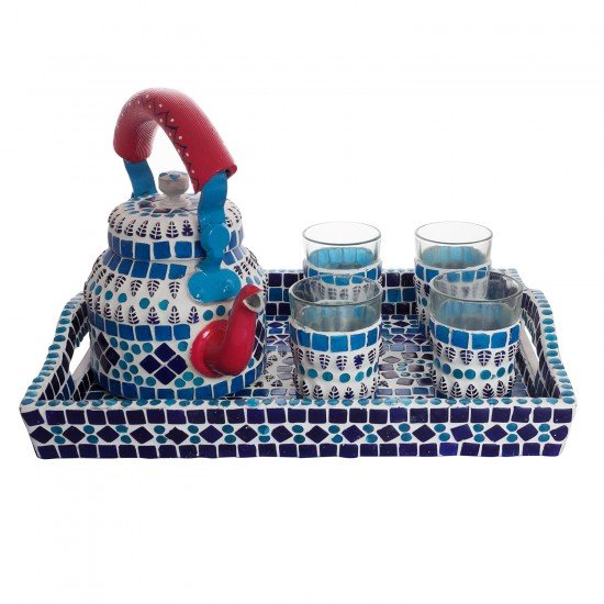 Handpainted Mosiac Tea Set for Four with Tray in Blue