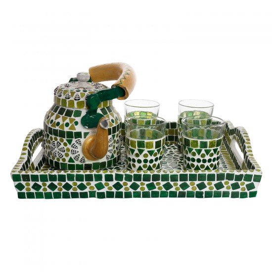 Handpainted Mosiac Tea Set for Four with Tray in Green