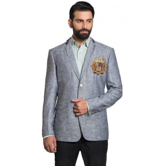 Grey Linen Hand Embroidered Crest Sports Jacket