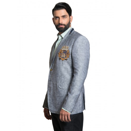 Grey Linen Hand Embroidered Crest Sports Jacket