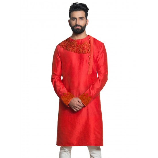 Red Chanderi Silk Hand-Embroidered Collarless Kurta