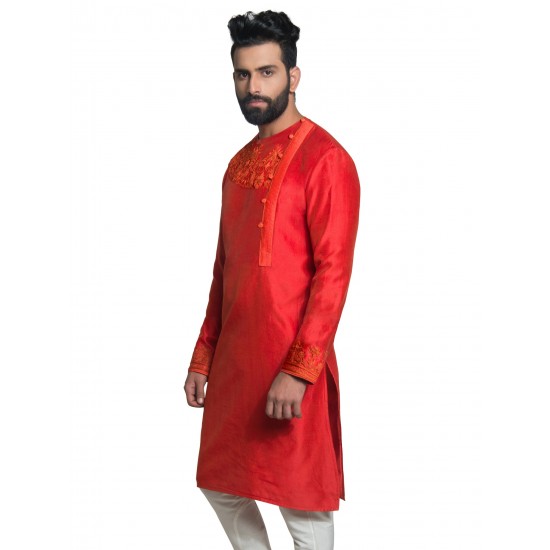 Red Chanderi Silk Hand-Embroidered Collarless Kurta