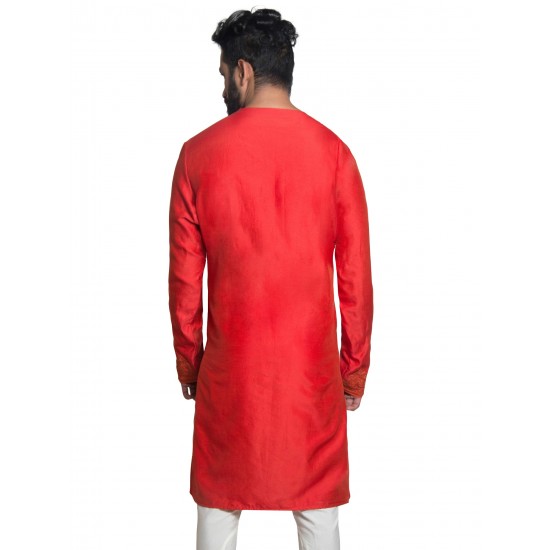 Red Chanderi Silk Hand-Embroidered Collarless Kurta