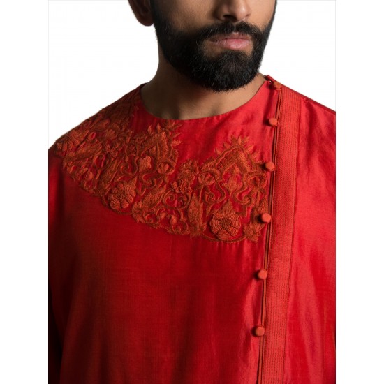 Red Chanderi Silk Hand-Embroidered Collarless Kurta