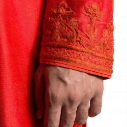 Red Chanderi Silk Hand-Embroidered Collarless Kurta