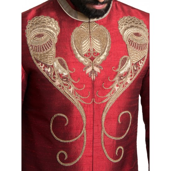 Red Raw Silk Zardozi Hand Embroidered Sherwani