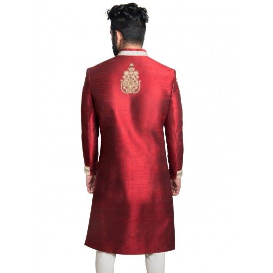 Red Raw Silk Zardozi Hand Embroidered Sherwani