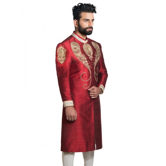 Red Raw Silk Zardozi Hand Embroidered Sherwani