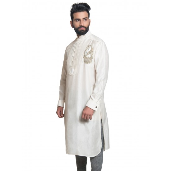 White Chanderi Silk Hand-Embroidered Kurta