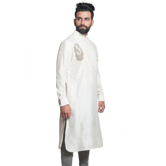 White Chanderi Silk Hand-Embroidered Kurta