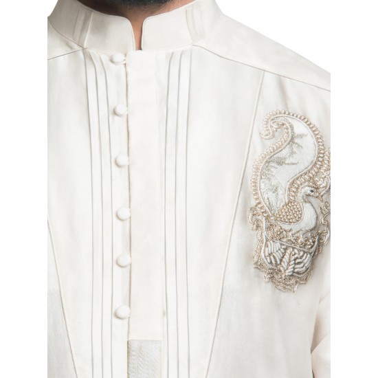 White Chanderi Silk Hand-Embroidered Kurta