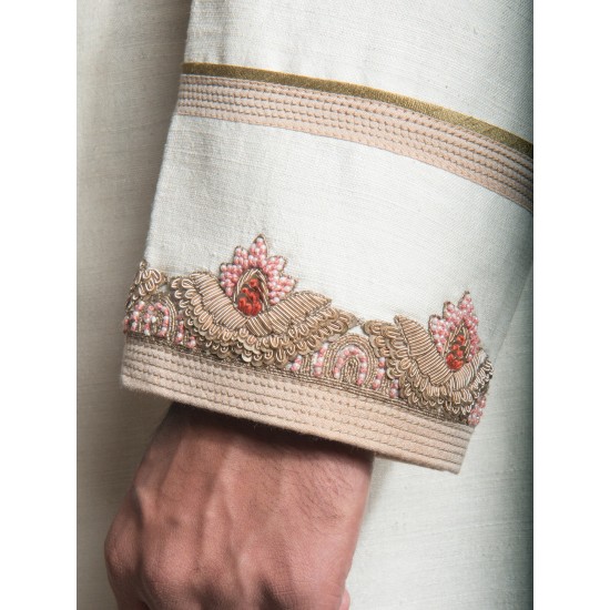 White Matka Linen Zardozi Hand Embroidered Sherwani