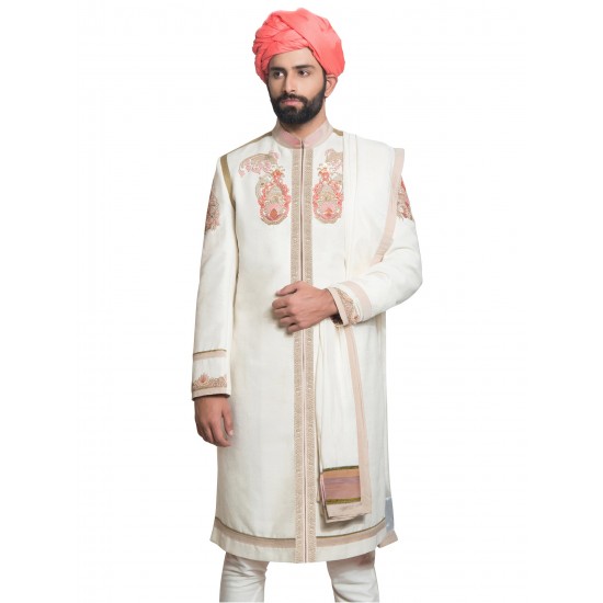 White Matka Linen Zardozi Hand Embroidered Sherwani